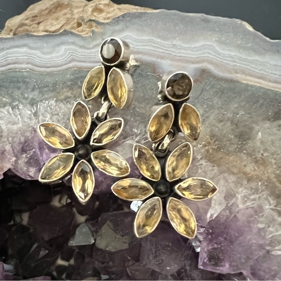 New Sterling Silver Dangling Smokey and Lemon Quartz Earrings - Picture 1 of 7